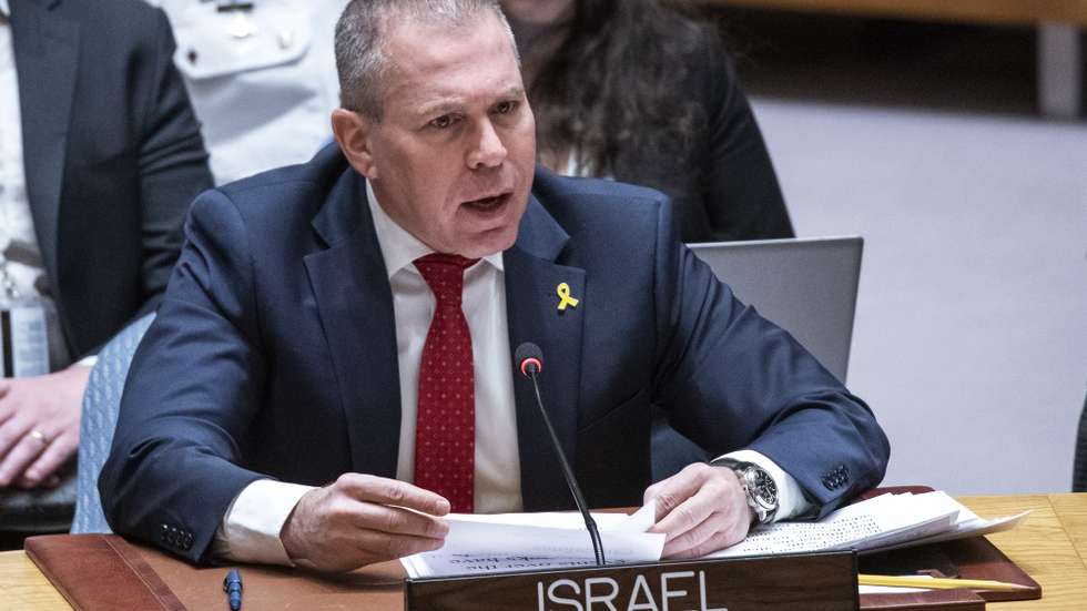 epa11168350 Israel's Ambassador to the United Nations Gilad Erdan speaks to delegates during a United Nations Security Council vote on a US-proposed draft resolution, which calls for a temporary ceasefire in Gaza, at United Nations headquarters in New York, New York, USA, 20 February 2024. Thousands of Israelis and Palestinians have died since the militant group Hamas launched an attack on Israel from the Gaza Strip on 07 October 2023, leading to Israeli strikes on the Palestinian enclave.  EPA/EDUARDO MUNOZ