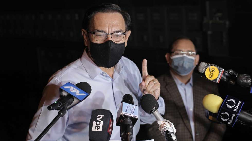 epa09140743 Former Peruvian President Martin Vizcarra (2018-2020) offers statements to the press outside his home, in Lima, Peru, 16 April 2021. Vizcarra was disqualified from holding any public office for ten years by the Peruvian Congress, for being secretly vaccinated against COVID-19 last year.  EPA/John Reyes
