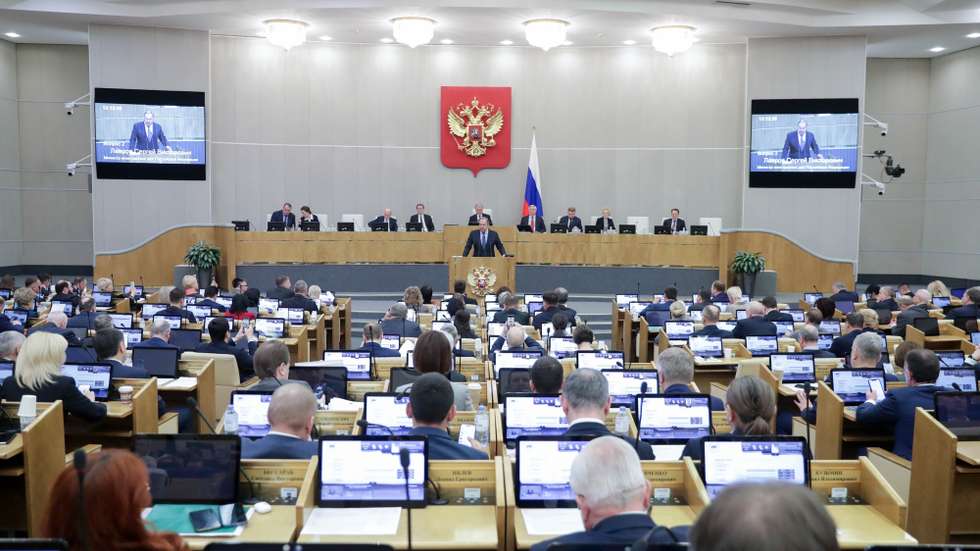 epa11152226 A handout photo made available by the press service of the Russian State Duma (lower house of Russian parliament) shows Russian Foreign Minister Sergey Lavrov delivers his speech during a plenary session of the Russian State Duma in Moscow, Russia, 14 February 2024. The main reason for the increase in tension in the world was the desire of the collective West for hegemony, said Sergey Lavrov. The minister emphasised that Russia is ready for a political and diplomatic settlement conflict on Ukraine, based on taking into account the realities 'on the ground.'  EPA/RUSSIAN STATE DUMA PRESS SERVICE/HANDOUT   HANDOUT EDITORIAL USE ONLY/NO SALES HANDOUT EDITORIAL USE ONLY/NO SALES