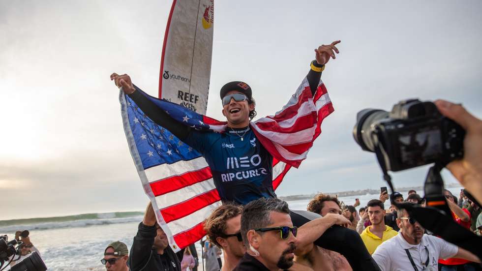 US surfer Griffin Colapinto is carried up the beach after winning the Meo Rip Curl Pro Portugal surfing event as part of the World Surf League (WSL) World Tour at Supertubos beach in Peniche, Portugal, 16 March 2024. JOSE SENA GOULAO/LUSA