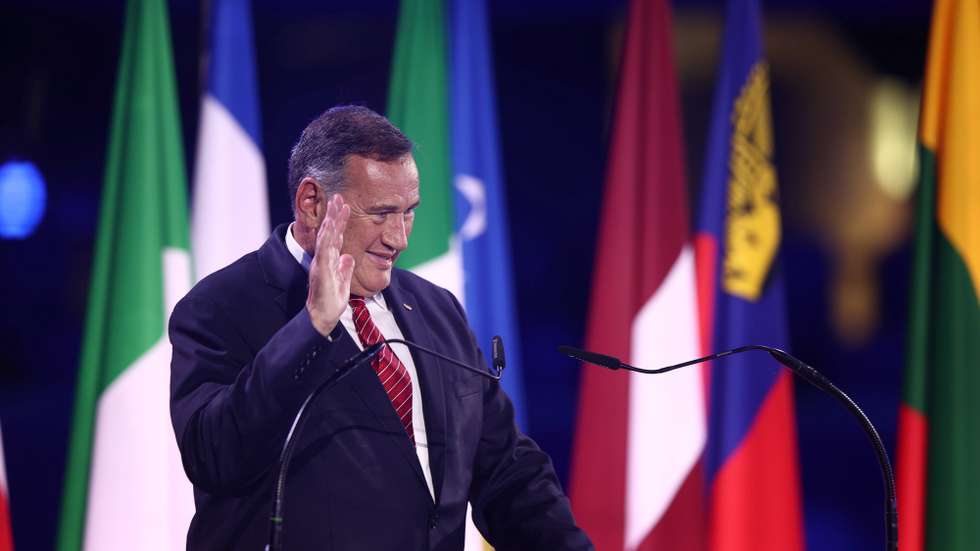 epa10704876 President of the European Olympic Committees Spyros Capralos speaks during the opening ceremony of the European Games 2023 Krakow-Malopolska, at the Henryk Reyman Municipal Stadium, in Krakow, Poland, 21 June 2023.  EPA/Lukasz Gagulski POLAND OUT