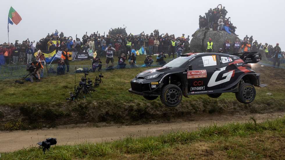 epa11334839 Sebastien Ogier of France drives his Toyota GR Yaris Rally 1 hybrid during the 'SS22 power stage of the Rally Portugal 2024 as part of the World Rally Championship (WRC) in Fafe, Guimaraes, north of Portugal, 12 May 2024.  EPA/JOSE COELHO