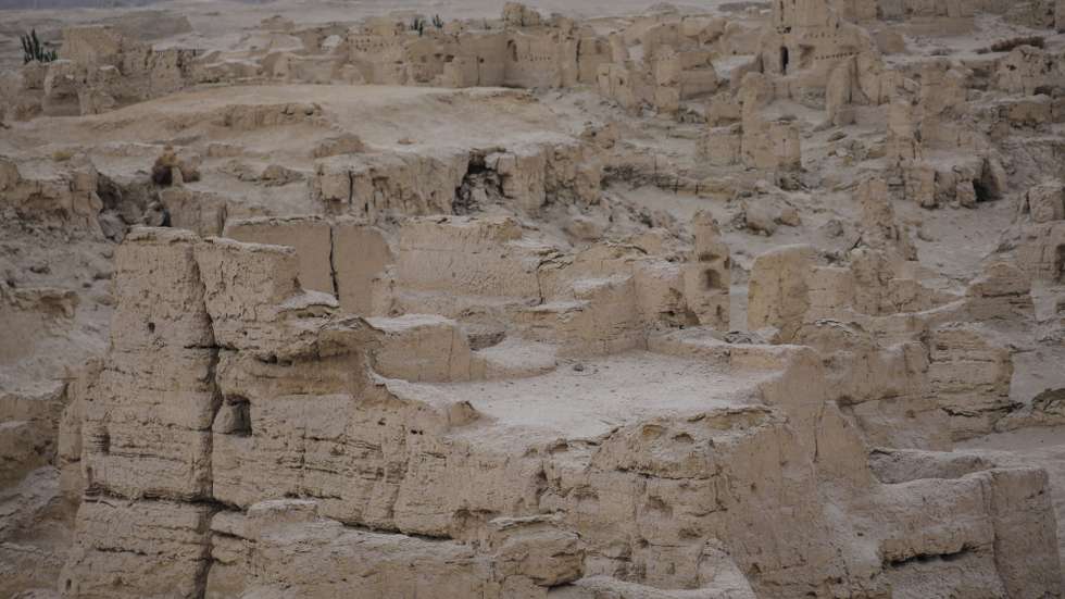 epa09156134 The Jiaohe ruins photographed during a government-organized trip for foreign journalists in Turpan, western China's Xinjiang Uyghur Autonomous Region, 22 April 2021 (issued 24 April 2021). Dated back over 2,300 years, it is one of the oldest earthen cities still in existence. Jiaohe was the capital of the Jushi (or Cheshi) Kingdom, which ruled the area during most of the Han Dynasty (206 BC â€“ 220 AD). It became a focal trade hub along the Silk Road and was incorporated into the Silk Road UNESCO World Heritage list in 2014.  EPA/WU HONG