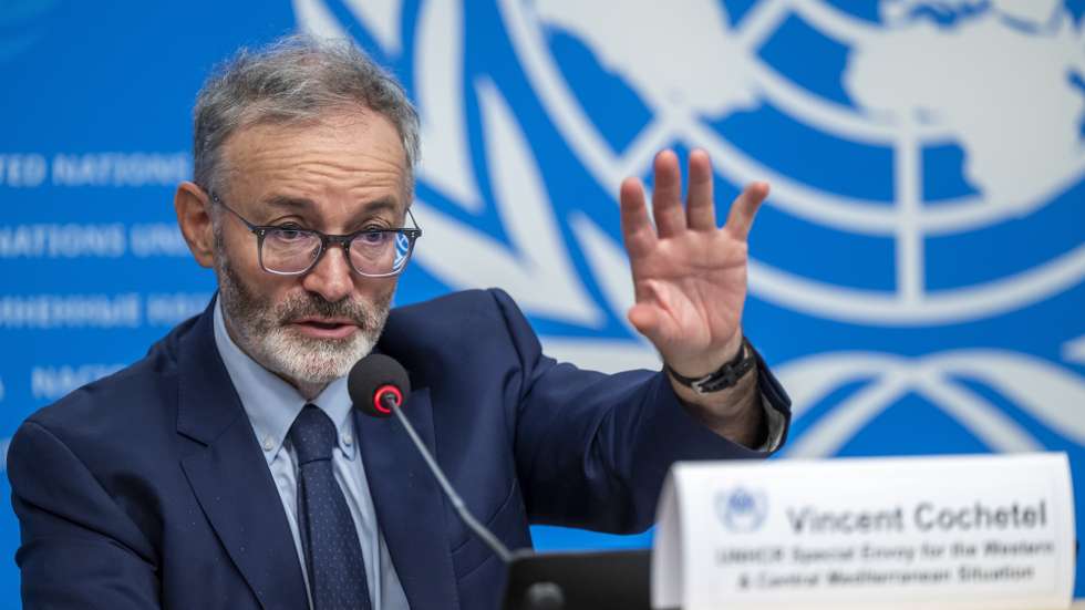 epa11458404 Vincent Cochetel, UNHCR Special Envoy for the Western and Central Mediterranean Situation, speaks about the launch of new UNHCR / IOM / MMC report on risks faced by refugees and migrants on the Central Mediterranean route titled 'On this journey, nobody cares if you live or die', during a press conference at the European headquarters of the United Nations in Geneva, Switzerland, 04 July 2024 (issued 05 July 2024).  EPA/MARTIAL TREZZINI