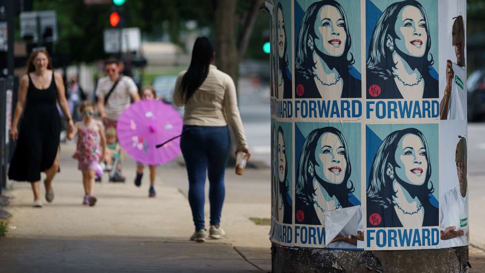 epa11552114 Posters in support of US Vice President Kamala Harris ahead of the Democratic National Convention (DNC) at the United Center, Chicago, Illinois, USA, 16 August 2024. The Democratic National Convention is due to run from 19 August until 22 August 2024.  EPA/WILL OLIVER