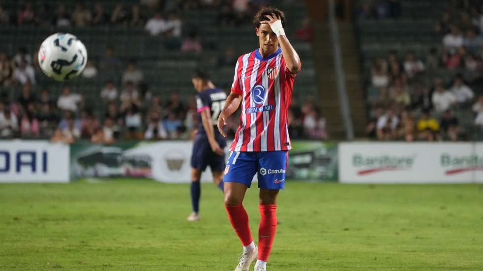 epa11533738 Portuguese Joao Felix of Atletico de Madrid gestures during a friendly soccer match against the Kitchee of Hong Kong at the Hong Kong Stadium in Hong Kong, China, 07 August 2024. Atletico de Madrid won over Kitchee for 6 to 1.  EPA/BERTHA WANG