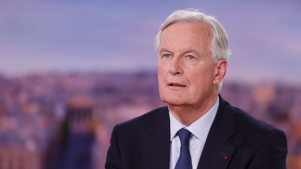 epa11590284 France&#039;s newly appointed Prime Minister, Michel Barnier speaks during the evening news broadcast of French TV channel TF1 with French journalist and TV host Anne-Claire Coudray, in Boulogne-Billancourt, outside Paris, France, 06 September 2024.  EPA/LUDOVIC MARIN / POOL MAXPPP OUT