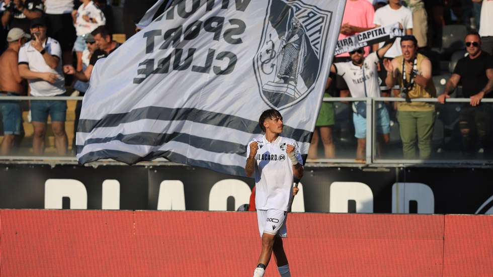 Vitoria&#039;s player Ricardo Mangas celebrates a goal against Zrinjski Mostar during the UEFA Conference League play-off soccer match between Vitoria Sport Clube and Zrinjski Mostar, at D. Afonso Henriques stadium, in Guimaraes, Portugal, 21 August 2024. ESTELA SILVA/LUSA