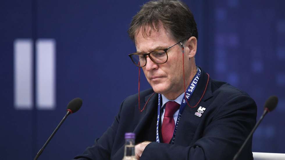 epa10954758 Nick Clegg, president of global affairs and communications of Meta Platforms Inc., sits ahead of a plenary session on day two of the AI Safety Summit 2023 at Bletchley Park, Milton Keynes, Britain, 02 November 2023. The summit, organised by the UK Government, considers the risks of AI and how they can be mitigated through internationally coordinated action, and is running from 01 to 02 November 2023.  EPA/CHRIS J. RATCLIFFE / POOL