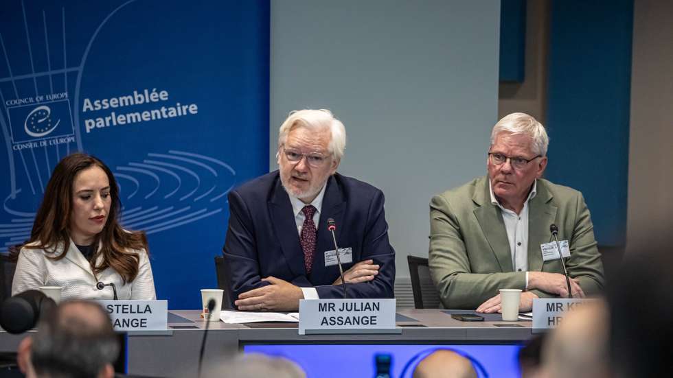 epa11634751 WikiLeaks founder Julian Assange (C) and his wife Stella Assage (L) attend a hearing at the Council of Europe in Strasbourg, France, 01 October 2024. The hearing, organised by the Assembly’s Committee on Legal Affairs and Human Rights, focuses on Assange's detention and conviction and their chilling effect on human rights. The judge of the United States District Court for the Northern Mariana Islands on the island of Saipan, on 26 June sentenced Assange for time served in exchange of pleading guilty to the criminal count of conspiring to obtain and disclose classified documents relating to the national defense of the United States.  EPA/CHRISTOPHE PETIT TESSON