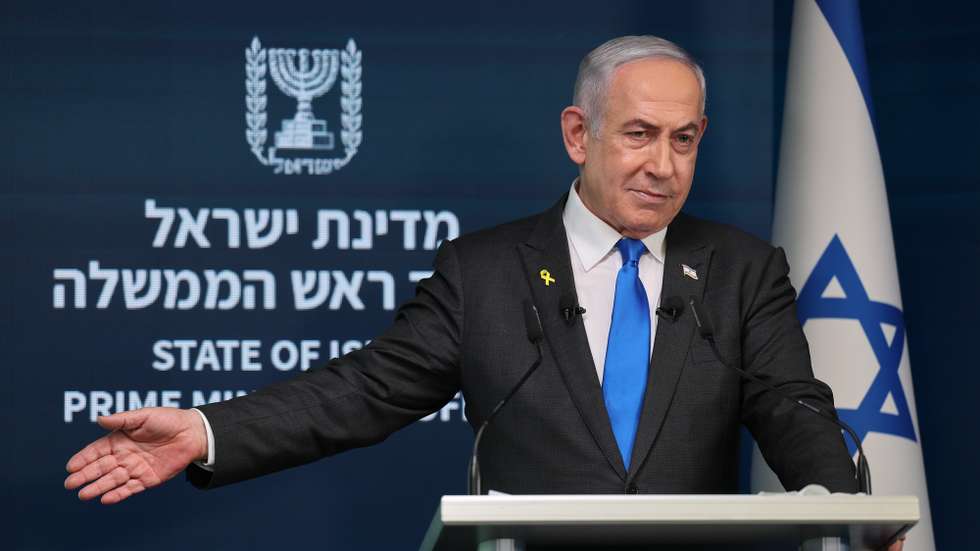 epa11584956 Israeli Prime Minister Benjamin Netanyahu during a press conference for the international media at the Government Press office in Jerusalem, 04 September 2024. The Israeli Prime Minister said that in order prevent Hamas from rearming , Israel 'must have control' over Philadelphi Corridor, a narrow strip of land along the border between the Gaza Strip and Egypt.  EPA/ABIR SULTAN EPA POOL