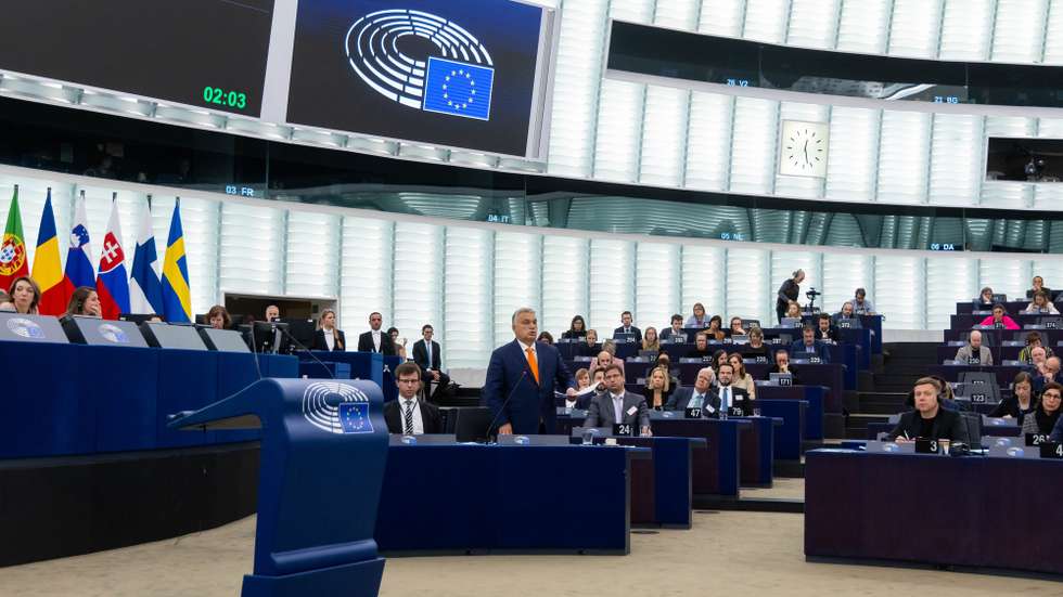 epa11650553 Hungarian Prime Minister Viktor Orban (C) speaks during a plenary session for the presentation of the programme of activities of the Hungarian Presidency at the European Parliament in Strasbourg, France, 09 October 2024.  EPA/CHRISTOPHE PETIT TESSON