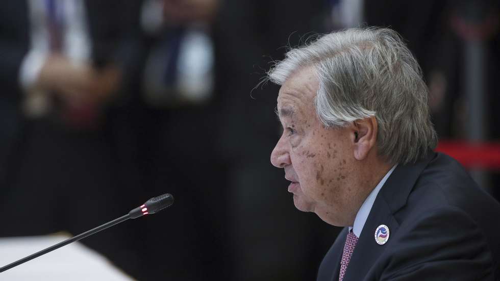 epa11654007 UN Secretary-General Antonio Guterres speaks during the 14th ASEAN-United Nations (UN) Summit as part of the 44th and 45th ASEAN Summits and Related Summits at the National Convention Center in Vientiane, Laos, 11 October 2024. Leaders of the Association of Southeast Asian Nations (ASEAN) convene at a summit hosted by Laos in the capital of Vientiane to strengthen diplomatic ties and discuss the ongoing civil unrest in Myanmar and tension in the South China Sea.  EPA/RUNGROJ YONGRIT