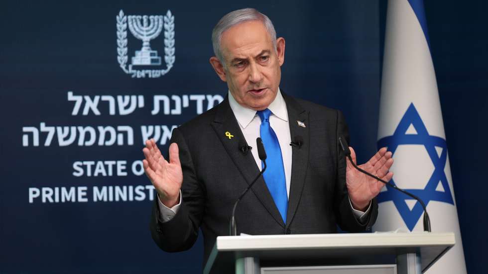 epa11584955 Israeli Prime Minister Benjamin Netanyahu during a press conference for the international media at the Government Press office in Jerusalem, 04 September 2024. The Israeli Prime Minister said that in order prevent Hamas from rearming , Israel 'must have control' over Philadelphi Corridor, a narrow strip of land along the border between the Gaza Strip and Egypt.  EPA/ABIR SULTAN EPA POOL