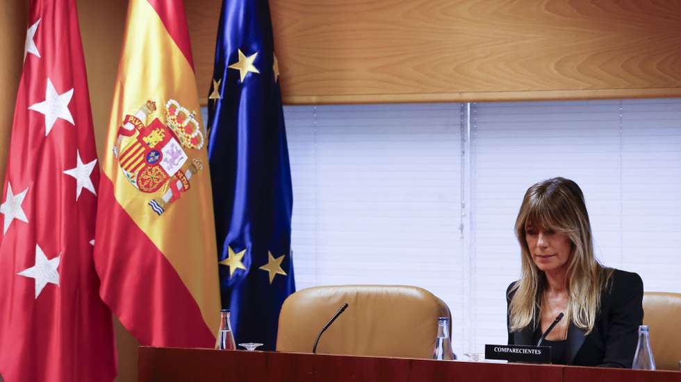 epa11717914 Begona Gomez, wife of Spain's prime minister, appears at the first session of the investigation commission held at the Parliament of Madrid region, in Madrid, Spain, 13 November 2024. Gomez, who chose not to take the stand on 13 November, is under investigation over allegations she had received 'favorable treatment' by the Complutense University of Madrid (UCM) for the creation of her Chair of Competitive Social Transformation.  EPA/JAVIER LIZON