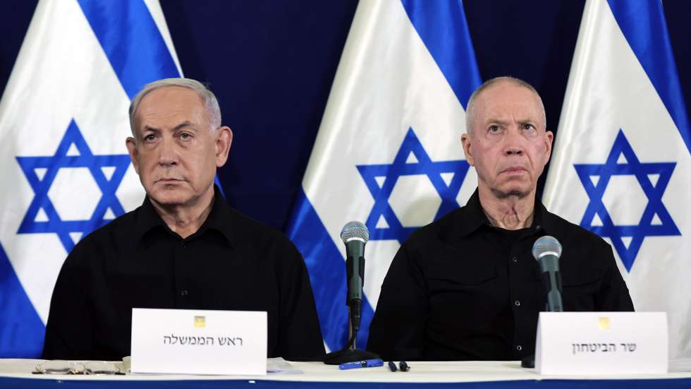 epa11732793 epa11703358 (FILE) - Israel's Prime Minister Benjamin Netanyahu (L) and Defense Minister Yoav Gallant (R) address a press conference at Kirya military base in Tel Aviv, Israel, 28 October 2023 (reissued 21 November 2024). Judges at the International Criminal Court (ICC) have issued arrest warrants for Benjamin Netanyahu and Yoav Gallant, as well as Hamas military commander Mohammed Deif over alleged war crimes and crimes against humanity during the war between Israel and Hamas.  EPA/ABIR SULTAN / POOL