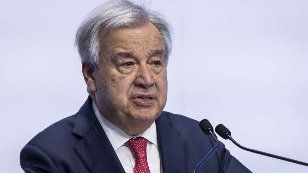 epa11741971 United Nations Secretary General Antonio Guterres delivers his speech at the 10th Global Forum of the United Nations Alliance of Civilizations, in Cascais, Portugal, 26 November 2024. The 10th Global Forum of the United Nations Alliance of Civilizations (UNAOC) takes place from 25 to 27 November 2024 under the theme 'United in Peace: Restoring Trust, Reshaping the Future - Reflecting on Two Decades of Dialogue for Humanity'.  EPA/JOSE SENA GOULAO / POOL