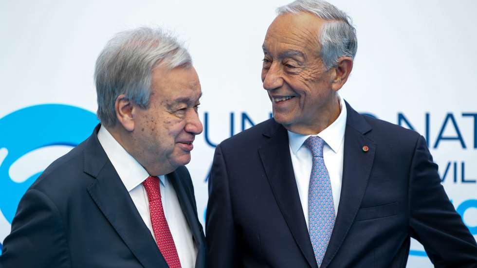 The United Nations Secretary-General, Antonio Guterres (L), chats with the Portuguese President, Marcelo Rebelo de Sousa, during the welcome ceremony of Ministers and Heads of International Organizations, at the 10th Global Forum of the United Nations Alliance of Civilizations, that takes place in Cascais untill November 27th, in Cascais, Portugal, 26th of November 2024. POOL ANDRÉ KOSTERS/LUSA
