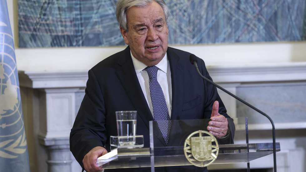epa11743954 United Nations Secretary-General Antonio Guterres speaks at a press conference following a meeting with Prime Minister of Portugal Luis Montenegro at Sao Bento Palace in Lisbon, Portugal, 27 November 2024.  EPA/MIGUEL A. LOPES