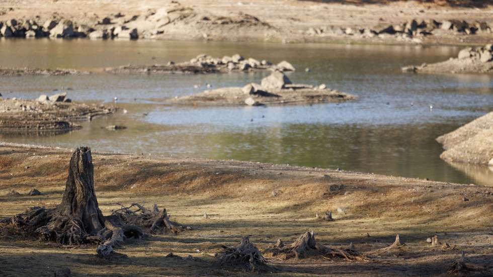epa11727870 The extremely low water levels reveal a large portion of the lake bed at the Winona Pond public reservoir in Peabody, Massachusetts, USA, 18 November 2024. Almost all of the Northeast region of the United States, including the Commonwealth of Massachusetts, is experiencing drought conditions following a deficiency of 5 to 9 inches (12.7 - 22.9 cm) of rain since 01 September 2024, and wildfires remain a threat throughout much of the region.  EPA/CJ GUNTHER