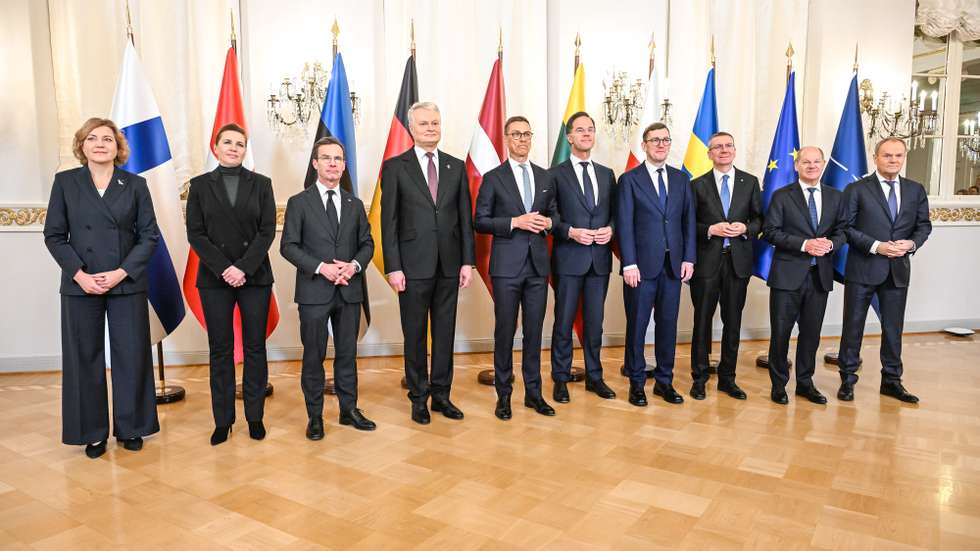 epa11823298 (L-R) Executive Vice-President of the European Commission Henna Virkkunen, Prime Minister of Denmark Mette Frederiksen, Prime Minister of Sweden Ulf Kristersson, President of Lithuania Gitanas Nauseda, President of the Republic of Finland Alexander Stubb, NATO Secretary General Mark Rutte, Prime Minister of Estonia Kristen Michal, President of Latvia Edgars Rinkevics, Federal Chancellor of Germany Olaf Scholz and Prime Minister of Poland Donald Tusk pose for a photograph as they attend the Baltic Sea NATO Allies Summit in Helsinki, Finland, 14 January 2025.  EPA/KIMMO BRANDT