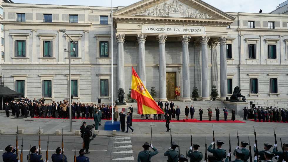 epa11759911 Soldiers and officials participate in a flag-raising ceremony during the celebration of Constitution Day at the Lower House in Madrid, Spain, 06 December 2024. Spain celebrates Constitution Day every year on 06 December, marking the day that its Constitution was ratified in 1978.  EPA/BORJA SANCHEZ-TRILLO