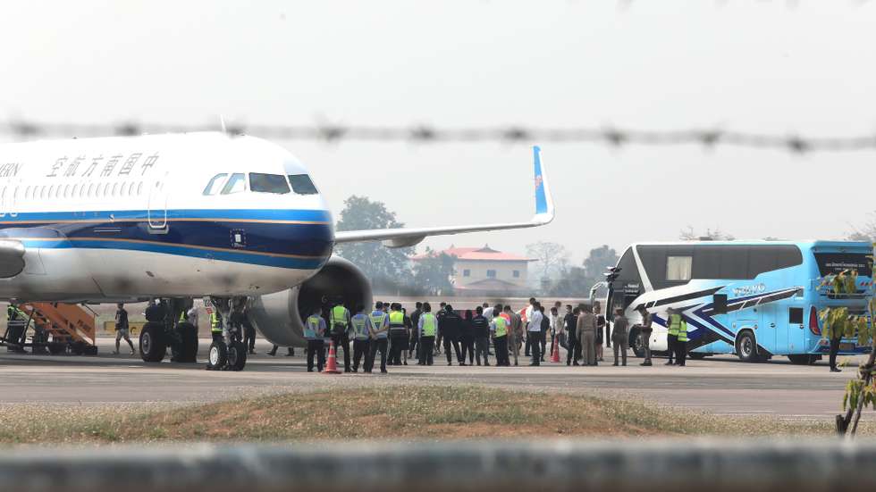 epa11909002 Chinese victims who were rescued from illegal call center scammer operations in Myanmar board a China Southern Airlines aircraft during a repatriation at the Mae Sot Airport on the Thai-Myanmar border in Mae Sot district, Tak province, Thailand, 20 February 2025. About 200 Chinese nationals were flown back to China after being rescued from call scam centers network compounds around Myanmar's Myawaddy. The victims were believed to be trafficked and forced by Chinese-run criminal gangs into luring people into scams with fraudulent calls and text messages, according to secretary of Thai Defense Minister General Traisak Intarassamee. The Thai prime minister said at least 7,000 multinational victims have been rescued from call center scammer crime syndicates operating in Myanmar and are expected to be brought to Thailand after the Thai government cut off the cross border electricity, internet and oil to five areas in Myanmar to crack down the call center scammer networks.  EPA/SOMRERK KOSOLWITTHAYANANT