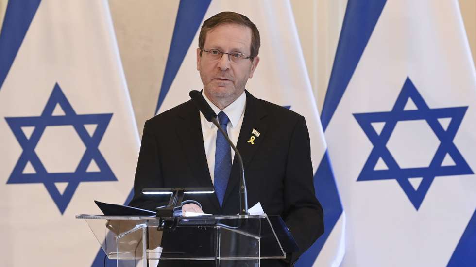 epa11904657 Israeli President Isaac Herzog speaks during a joint press conference held with Hungarian President Tamas Sulyok (not pictured) in the presidential Alexander Palace in Budapest, Hungary, 18 February 2025. President Herzog is on an official visit to Hungary.  EPA/NOEMI BRUZAK HUNGARY OUT
