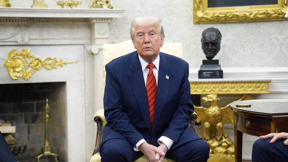 epa11961724 US President Donald Trump looks on during his meeting with NATO Secretary General Mark Rutte in the Oval Office of the White House in Washington, DC, USA, 13 March 2025.  EPA/YURI GRIPAS / POOL