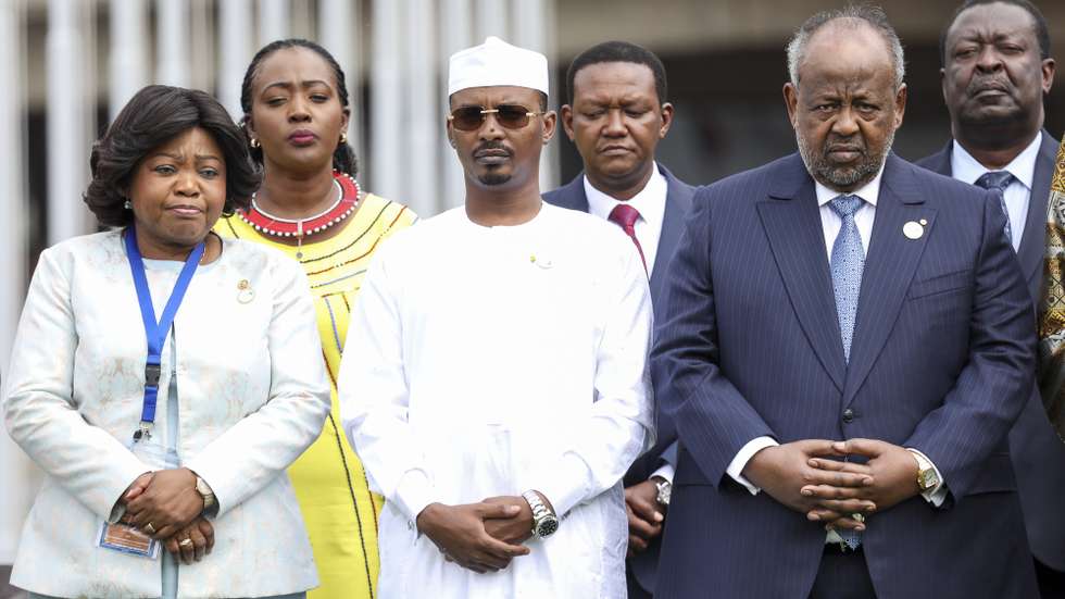 epa10844013 (L-R) Vice President of Angola Esperanca da Costa, President of Chad General Mahamat Deby and President of Djibouti Ismail Omar Guelleh look on as Kenya's president speaks during the announcement of the Africa Climate Summits's Nairobi Declaration of the Inaugural Africa Climate Summit (ACS23), at the Kenyatta International Convention Centre (KICC) in Nairobi, Kenya, 06 September 2023. African heads of states are expected to present Africa as a solution to the global warming crisis in a declaration during the summit.  EPA/Daniel Irungu