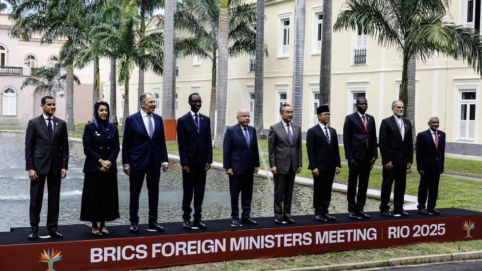epa12061168 (L-R) Egypt's Assistant Foreign Minister at the Ministry of Foreign Affairs, Ambassador Ragui El-Etreby, UAE Minister of State for International Cooperation Reem Al Hashimy, Russian Foreign Minister Sergey Lavrov, Ethiopian Foreign Minister Gedion Timothewos, Brazilian Foreign Minister Mauro Vieira, Chinese Foreign Minister Wang Yi, Indonesian Foreign Minister Sugiono, South African Minister of International Relations and Cooperation Ronald Lamola, Iranian Deputy Minister of Economic Diplomacy Sayed Rasool Mohajer, and Indian Secretary for Economic Relations Dammu Ravi pose for a family photo with ahead of the start of the BRICS Foreign Ministers' meeting at the Itamaraty Palace in Rio de Janeiro, Brazil, 28 April 2025. Foreign ministers from the trading bloc, which consists of ten countries including Brazil, Russia, India, China, and South Africa, began their two-day meeting in Rio de Janeiro.  EPA/ANTONIO LACERDA