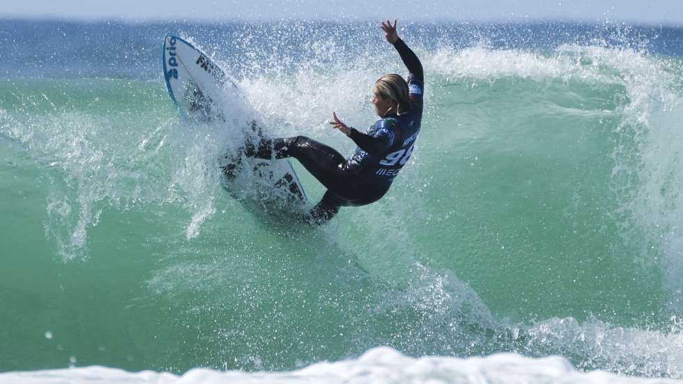 Portuguese surfer Yolanda Hopkins in action during the Meo Rip Curl Pro Portugal surfing event as part of the World Surf League (WSL) World Tour at Supertubos beach in Peniche, Portugal, 16 March 2025. CARLOS BARROSO/ LUSA