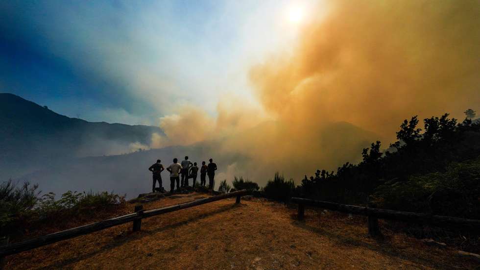 epa12271230 People watch the forest fire in the parish of Lourido, Ponte da Barca, Portugal, 29 July 2025. The commander of the Ponte de Lima Volunteer Fire Brigade said that the fight against the flames this afternoon is not relying on aerial resources 'due to a lack of availability', which is hampering operations on the four active  EPA/HUGO DELGADO