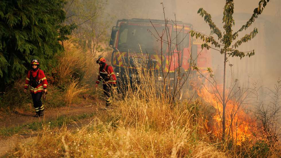 Bombeiros durante o combate a um incêndio na Aldeia de Gontães, Vila Real, 4 de agosto de 2025. Pelas 16:30, mais de 2.200 operacionais e cerca de 710 meios de transporte, inclusive 19 meios aéreos, combatiam 63 incêndios rurais em Portugal continental, com destaque para os fogos em Vila Real e Celorico de Basto (distrito de Braga), segundo a Proteção Civil. PEDRO SARMENTO COSTA/LUSA