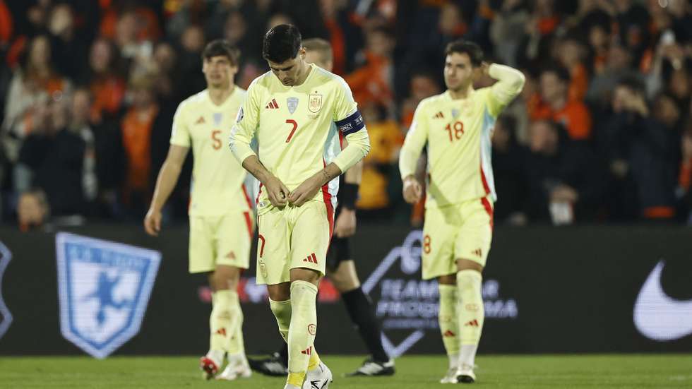 epa11977032 Alvaro Morata of Spain looks disappointed after conceding the 2-1 goal during the UEFA Nations League quarterfinal soccer match between the Netherlands and Spain, in Rotterdam, the Netherlands, 20 March 2025.  EPA/MAURICE VAN STEEN