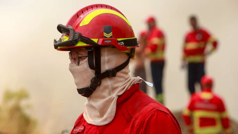Elementos dos bombeiros combatem as chamas durante o incêndio de grandes proporções que começou há quatro dias no concelho de Trancoso e que passou para o concelho de Fornos de Algodres, distrito da Guarda, em Queiriz, 13 de agosto de 2025. O incêndio que lavra desde sábado em Trancoso, distrito da Guarda, sofreu uma reativação durante a madrugada por causa da trovoada e obrigou a um reforço de meios no terreno, segundo a proteção civil. MIGUEL PEREIRA DA SILVA/LUSA