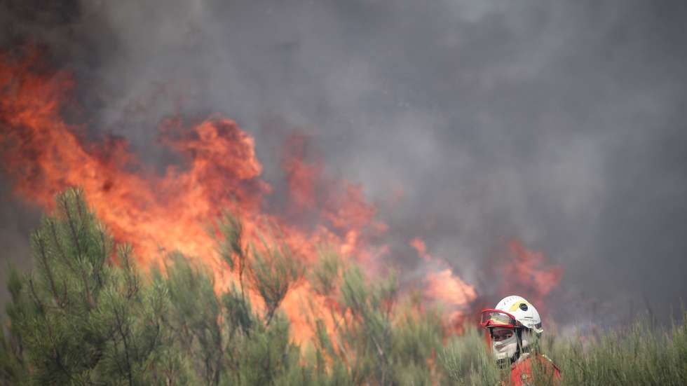 Um bombeiro combate as chamas durante o incêndio na encosta da aldeia de Moura da Serra, Arganil, 14 de agosto de 2025. De acordo com os dados disponíveis no ‘site’ da Autoridade Nacional de Emergência e Proteção Civil (ANEPC), quase 900 operacionais combatiam o fogo que deflagrou na quarta-feira na freguesia de Piódão, no concelho de Arganil, distrito de Coimbra, e se estendeu depois aos municípios de Oliveira do Hospital e Pampilhosa da Serra (Coimbra), e de Seia, já no distrito da Guarda. PAULO CUNHA/LUSA