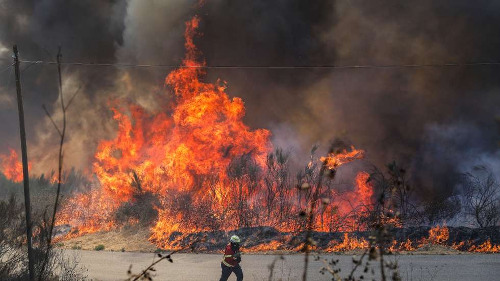 Um bombeiro combate as chamas durante o incêndio na encosta da aldeia de Moura da Serra, Arganil, 14 de agosto de 2025. De acordo com os dados disponíveis no ‘site’ da Autoridade Nacional de Emergência e Proteção Civil (ANEPC), quase 900 operacionais combatiam o fogo que deflagrou na quarta-feira na freguesia de Piódão, no concelho de Arganil, distrito de Coimbra, e se estendeu depois aos municípios de Oliveira do Hospital e Pampilhosa da Serra (Coimbra), e de Seia, já no distrito da Guarda. PAULO CUNHA/LUSA