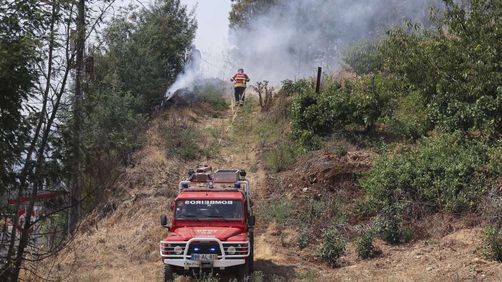 epa12310049 Firefighters work against the forest fire at Silvares village, Fundao, Portugal, 19 August 2025. According to provisional official data, by 19 August more than 201,000 hectares had burned in the country, more than the area burned in the whole of 2024.  EPA/PAULO NOVAIS