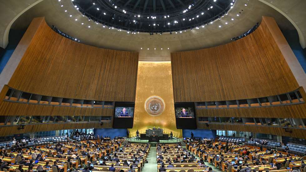 epa11940919 Polish President Andrzej Duda (C) speaks during a special session of the UN General Assembly at the United Nations headquarters in New York, USA, 04 March 225. The Polish presidential couple continues their visit to the USA.  EPA/RADEK PIETRUSZKA POLAND OUT