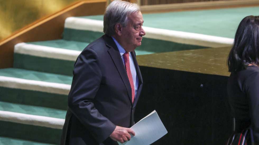 epa12397805 UN Secretary-General Antonio Guterres approaches the podium to speak during the high-level meeting to commemorate the 80th anniversary of the United Nations, at UN headquarters in New York, New York, USA, 22 September 2025. The UN General Assembly's high-level week runs until 29 September.  EPA/SARAH YENESEL