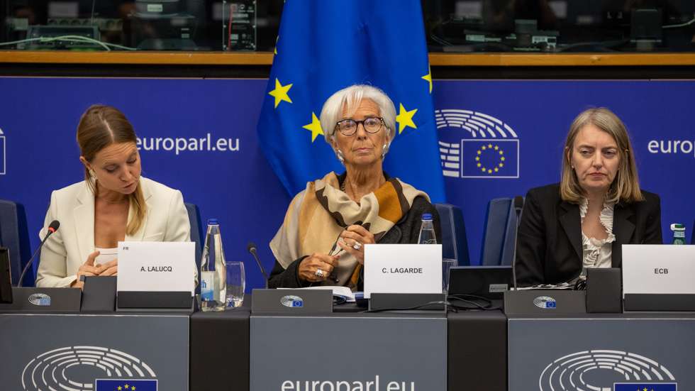 epa12435332 European Central Bank President Christine Lagarde (C) and MEP Aurore Lalucq (L) attend the hearing of the Committee on Economic and Monetary Affairs of the European Parliament in Strasbourg, France, 06 October 2025. The current plenary session runs from 06 October until 09 October 2025.  EPA/CHRISTOPHE PETIT TESSON