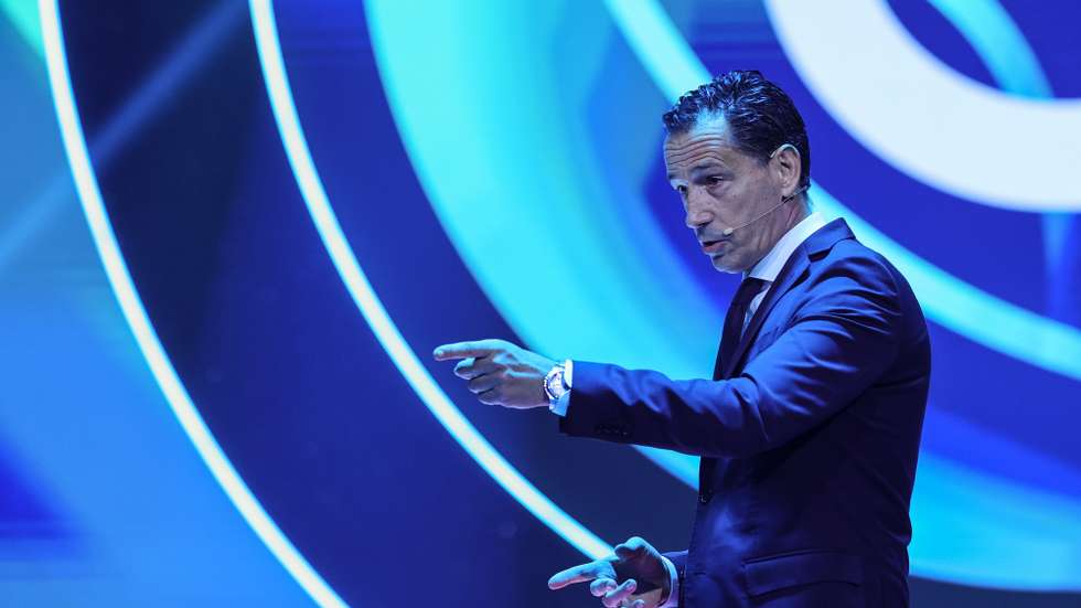 Pedro Proença, presidente da Federação Portuguesa de Futebol (FPF), durante a cerimónia de abertura da Football Summit, cimeira internacional organizada pela FPF na Cidade do Futebol, em Oeiras, 8 de outubro de 2025.   MANUEL DE ALMEIDA/LUSA