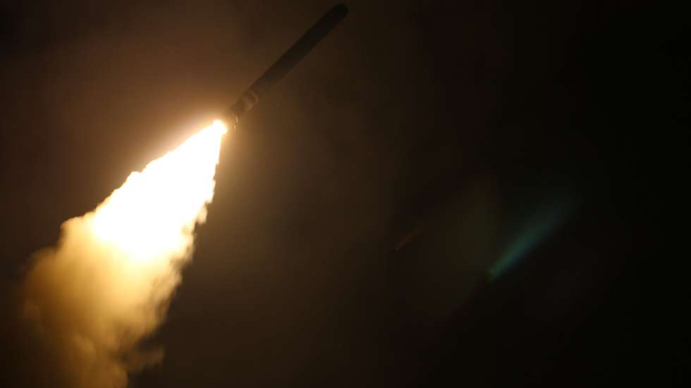 epa06668824 Image dated 14 April 2018 provided by the US Navy showing the guided-missile cruiser USS Monterey (CG 61) fires a Tomahawk land attack missile. Monterey is deployed to the U.S. 5th Fleet area of operations in support of maritime security operations to reassure allies and partners and preserve the freedom of navigation and the free flow of commerce in the region.  EPA/Matthew Daniels  HANDOUT EDITORIAL USE ONLY/NO SALES