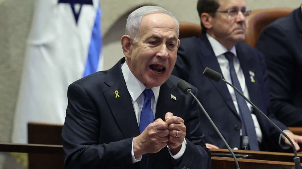 epa12467701 Israeli Prime Minister Benjamin Netanyahu delivers a speech at the opening of the winter session of the Israeli parliament, Knesset, in Jerusalem, 20 October 2025.  EPA/ABIR SULTAN