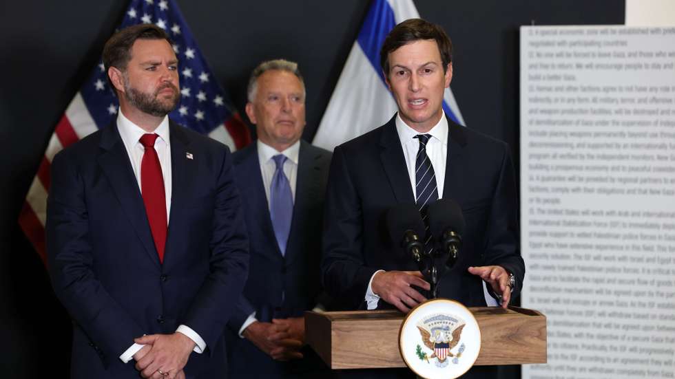 epa12470338 Affinity Partners founder Jared Kushner speaks during a media briefing at the US-led Civil-Military Coordination Center (CMCC) at an undisclosed location in southern Israel, 21 October 2025.  EPA/ABIR SULTAN