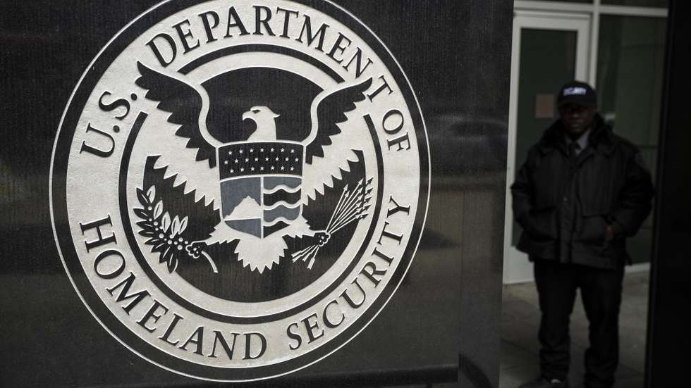 epa11964794 A general view of the Department of Homeland Security Seal at the Immigration and Customs Enforcement (ICE) headquarters during a protest calling for the release of arrested Palestinian student protester Mahmoud Khalil in Washington, DC, USA, 14 March 2025. Last week in New York, federal agents arrested Khalil, an American green card holder who led protests against Israel's operations in Gaza at Columbia University last year, and then quickly transferred him to Louisiana for deportation proceedings.  EPA/GRAEME SLOAN