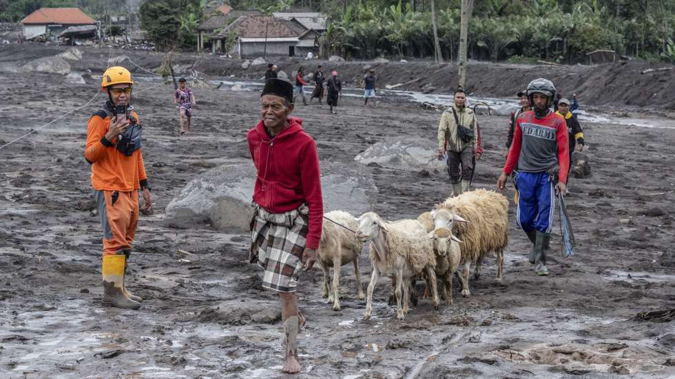 epa12537172 People walk with their sheeps as they evacuate their homes at a village affected by the eruption of Mount Semeru, in Lumajang, East Java, Indonesia, 20 November 2025. Indonesian authorities raised the alert status of the volcano to the highest level on 19 November.  EPA/IGAM MARENDRA