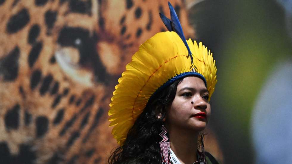 epa12540996 An indigenous woman walks in the Hangar Convention Center where COP30 is being held in Belem, Brazil, 21 November 2025. Belem is hosting the 30th United Nations (UN) Climate Change Conference, COP30, until 21 November 2025.  EPA/ANDRE BORGES
