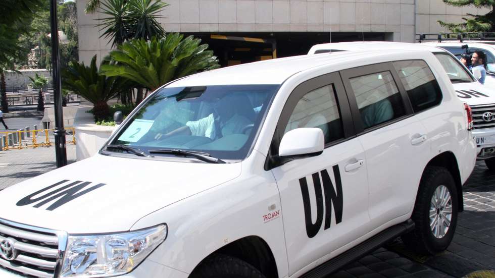 epa03843453 The convoy of UN inspectors team, headed by Professor Ake Sellstrom, is seen leaving a hotel in Damascus, Syria, 30 August 2013. The teamâ€™s destination has not been disclosed but the inspectors, this time, did not wear their bullet-proof jackets. The UN secretary general, Ban Ki-moon, instructed the 20-strong inspection team in Damascus to leave on 31 August ahead of a possible military strike against Syria. Ban also announced that the team would report to him immediately on departure, raising the possibility that the UN could issue an interim report on the 21 August chemical attacks that left hundreds of people dead.  EPA/STR